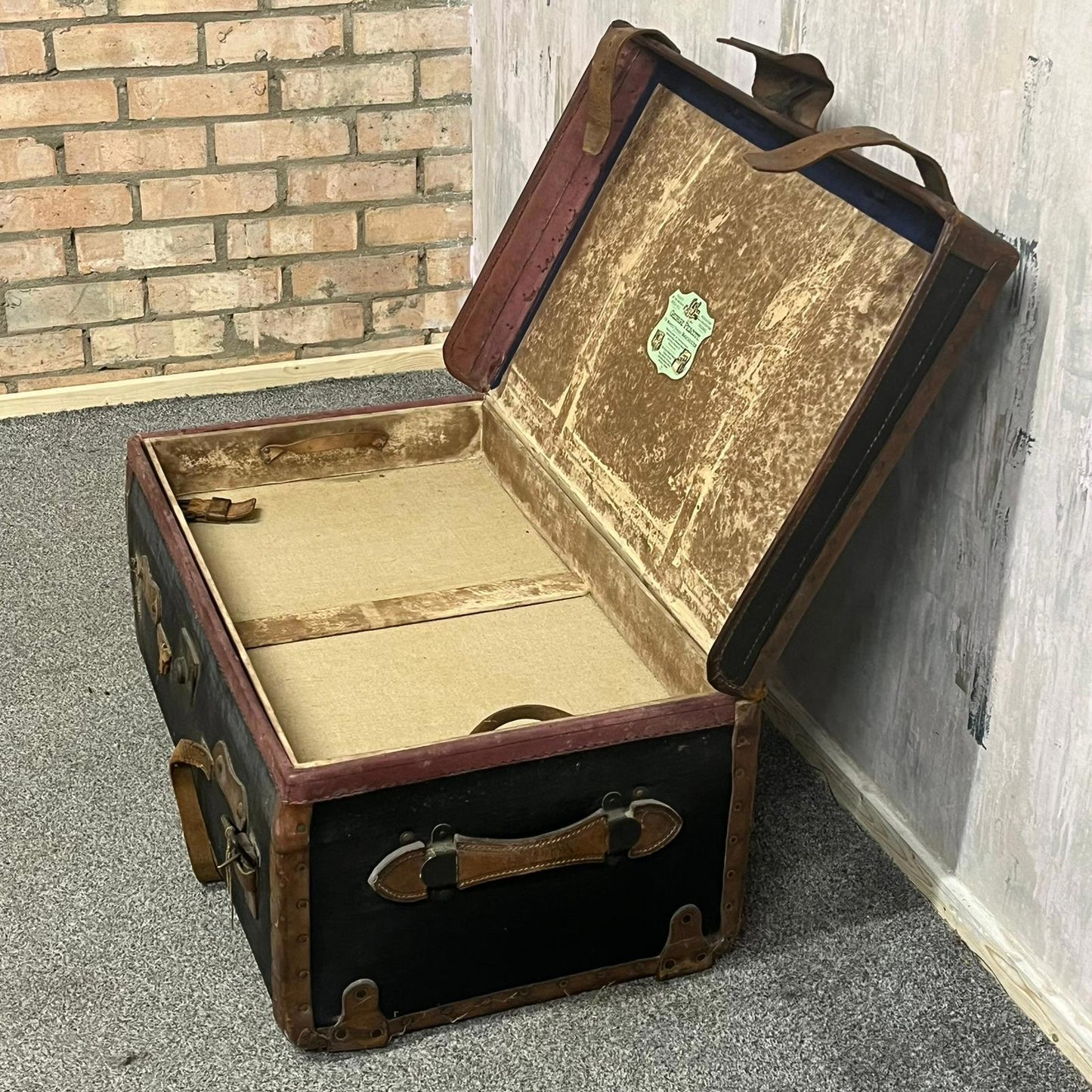 Vintage Leather Travel Trunk Black Carcass Brown Leather Straps and Handles
