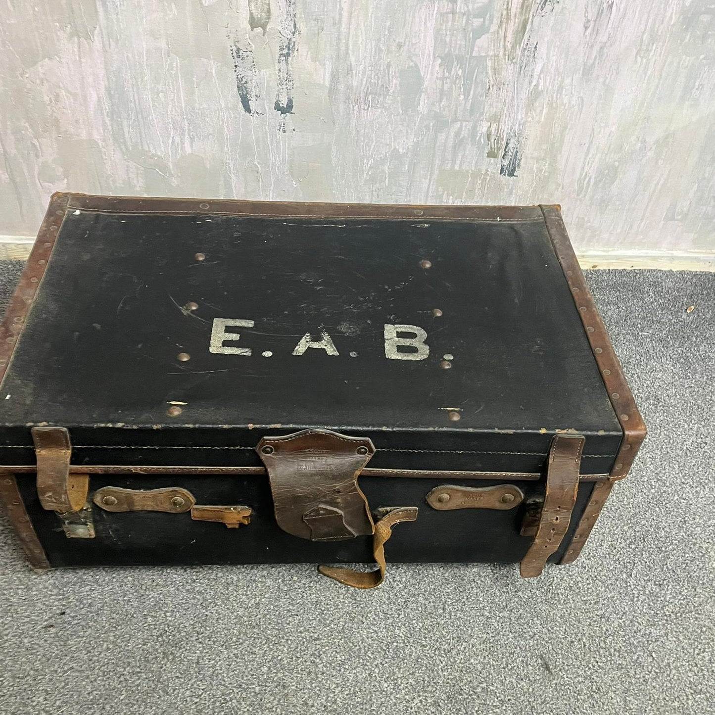 Vintage Leather Travel Trunk Black Carcass Brown Leather Straps and Handles