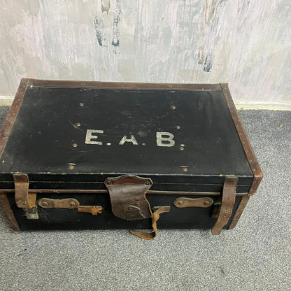 Vintage Leather Travel Trunk Black Carcass Brown Leather Straps and Handles