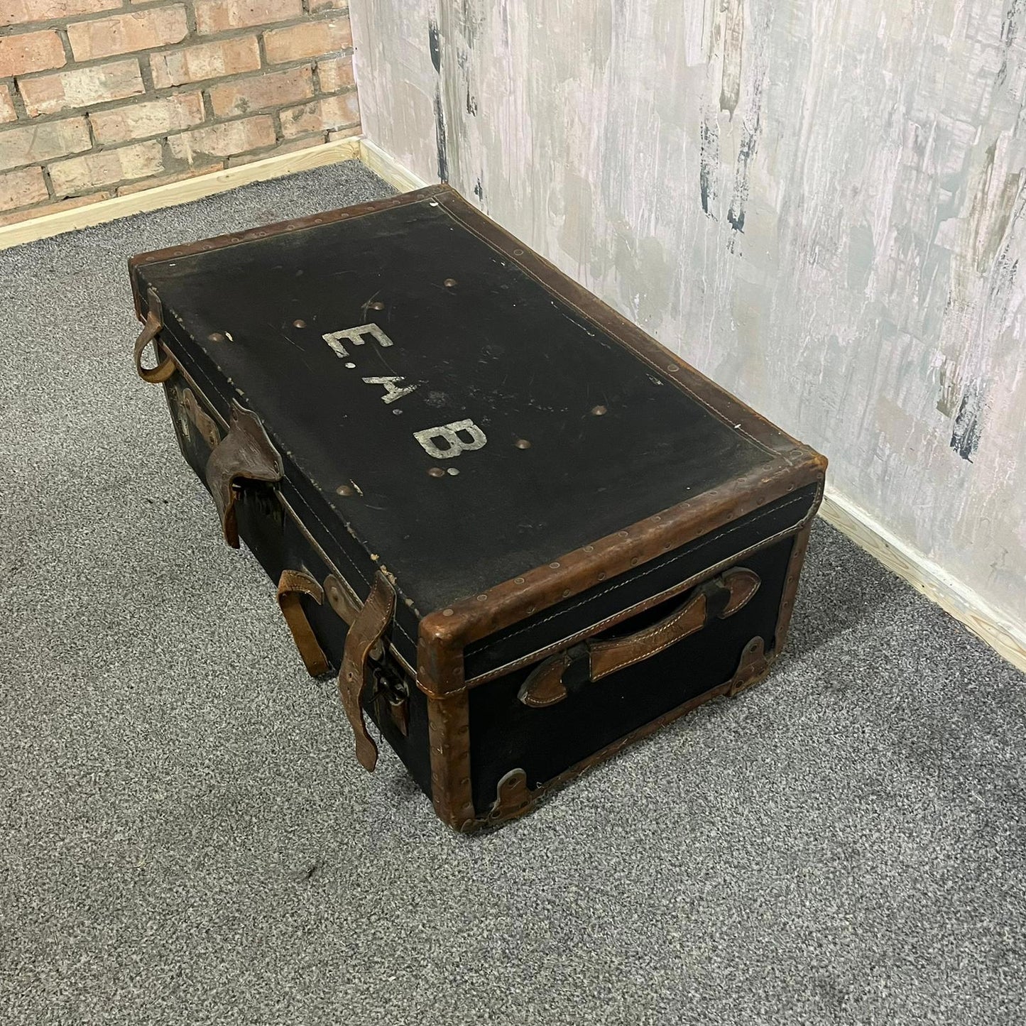 Vintage Leather Travel Trunk Black Carcass Brown Leather Straps and Handles