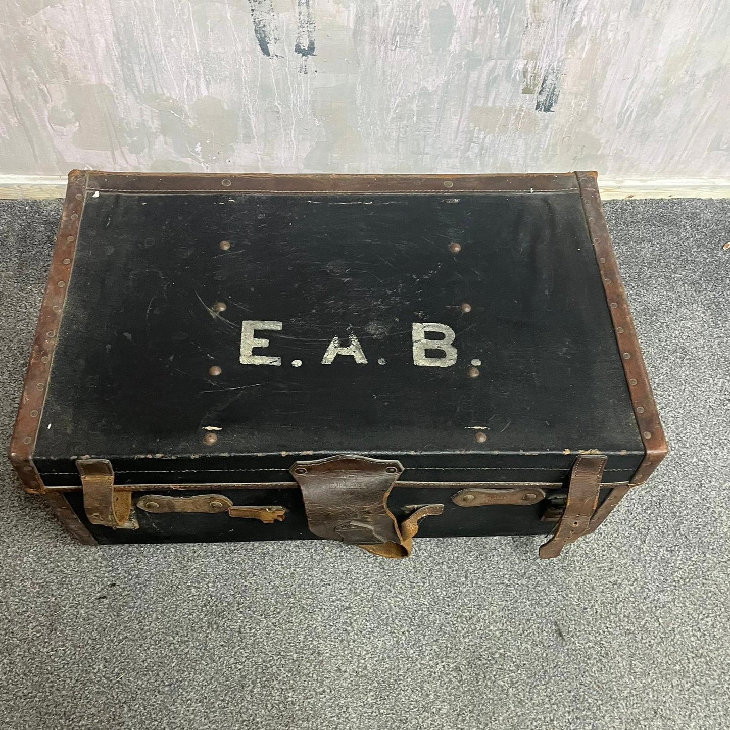 Vintage Leather Travel Trunk Black Carcass Brown Leather Straps and Handles