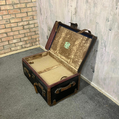Vintage Leather Travel Trunk Black Carcass Brown Leather Straps and Handles