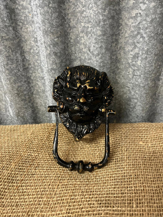 Vintage Lions Head Brass Door Knocker Painted Black Over Original Gold Paint