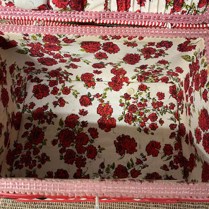Vintage Sewing Basket Cream Red & Black Rose Fabric Lined With Handle