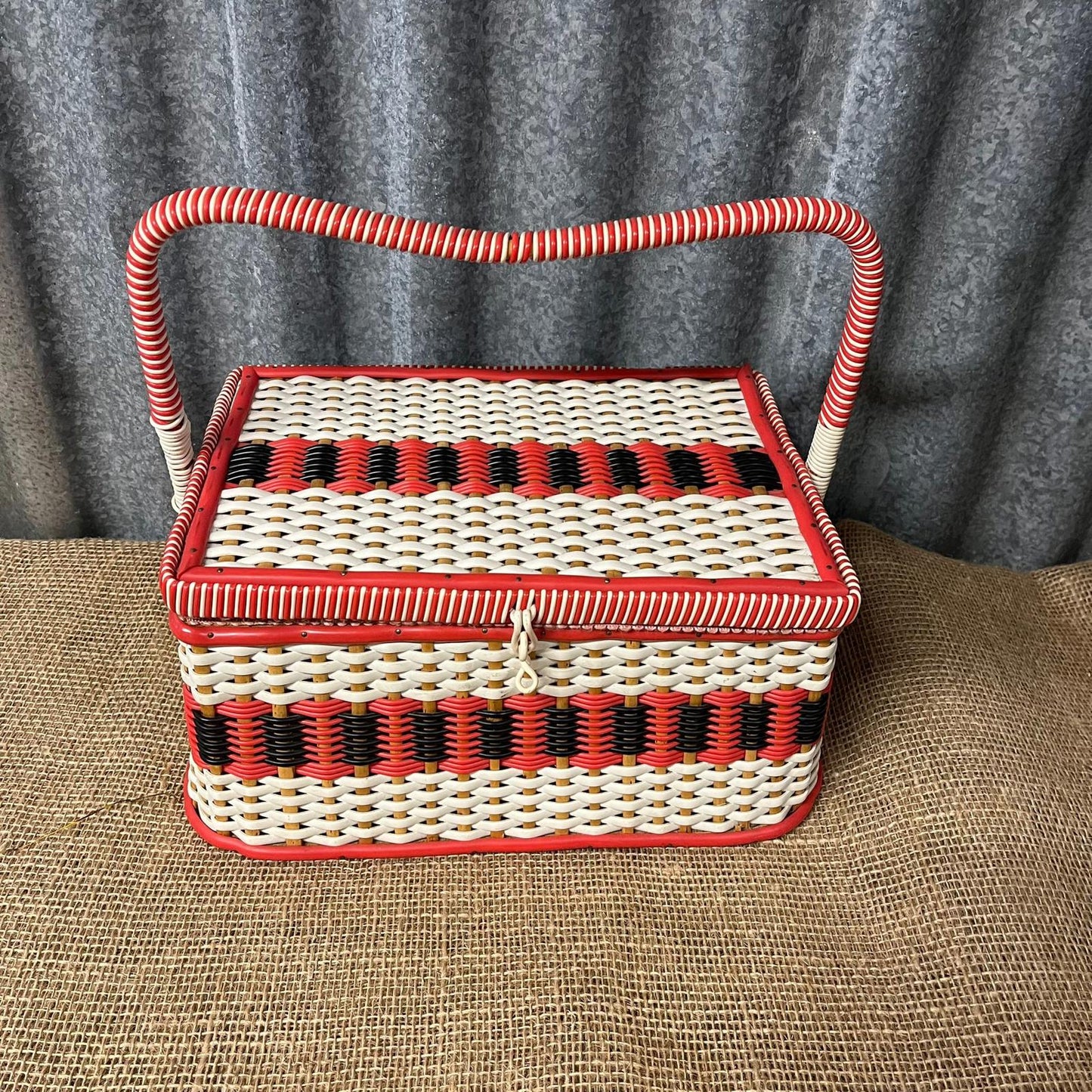 Vintage Sewing Basket Cream Red & Black Rose Fabric Lined With Handle