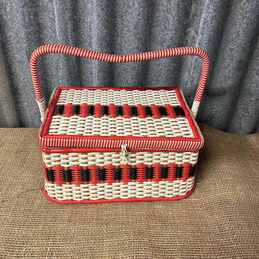 Vintage Sewing Basket Cream Red & Black Rose Fabric Lined With Handle