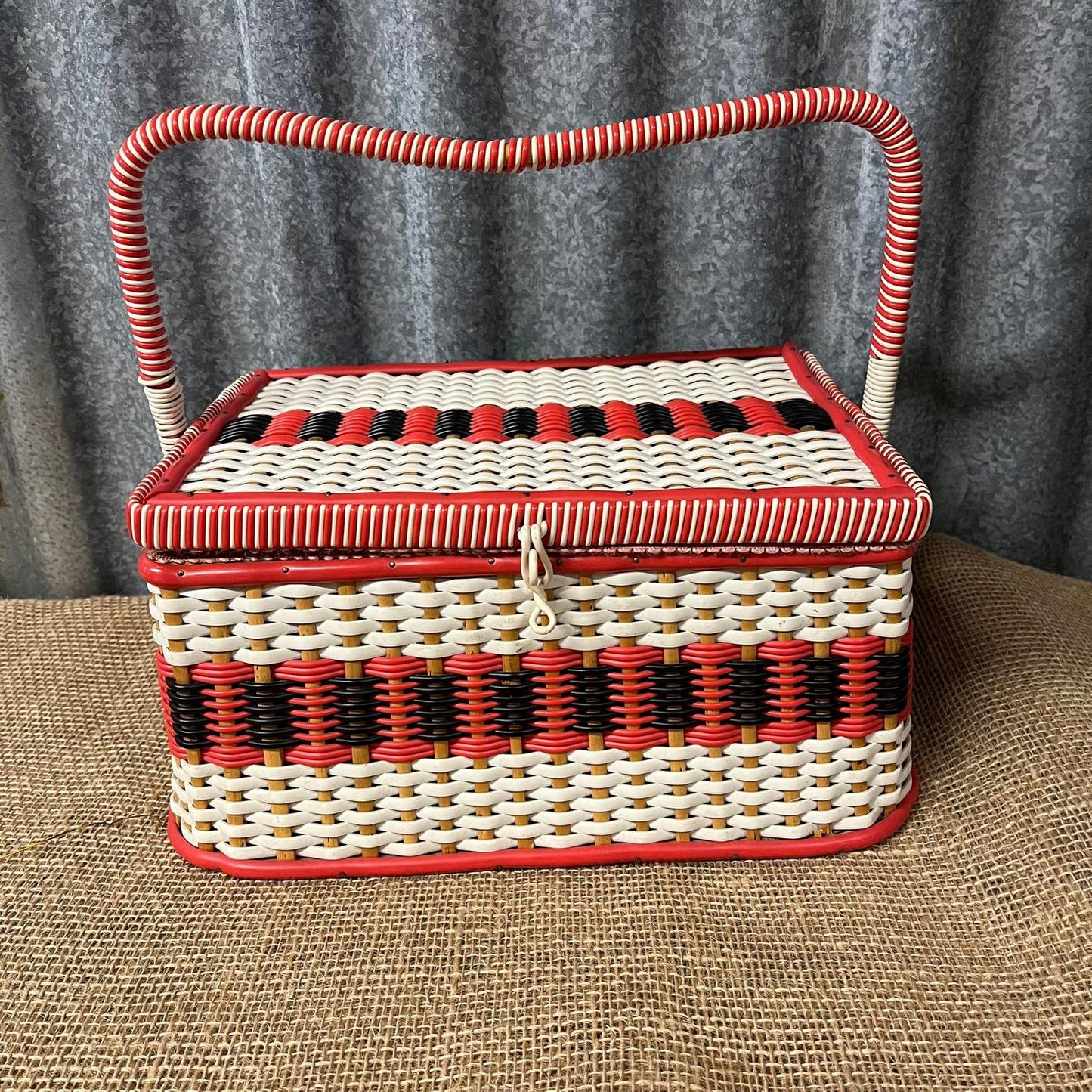 Vintage Sewing Basket Cream Red & Black Rose Fabric Lined With Handle