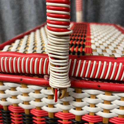 Vintage Sewing Basket Cream Red & Black Rose Fabric Lined With Handle
