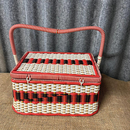 Vintage Sewing Basket Cream Red & Black Rose Fabric Lined With Handle