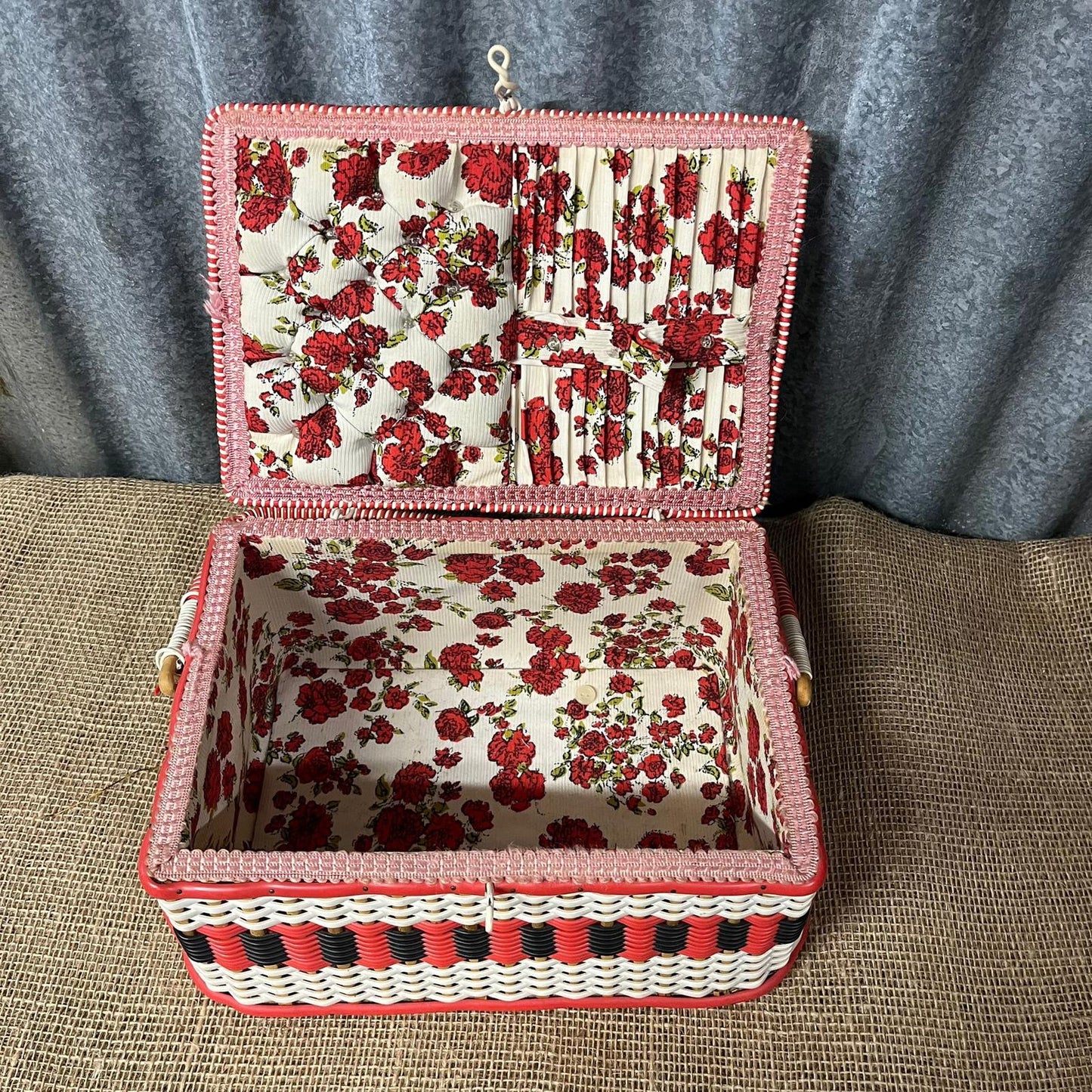Vintage Sewing Basket Cream Red & Black Rose Fabric Lined With Handle