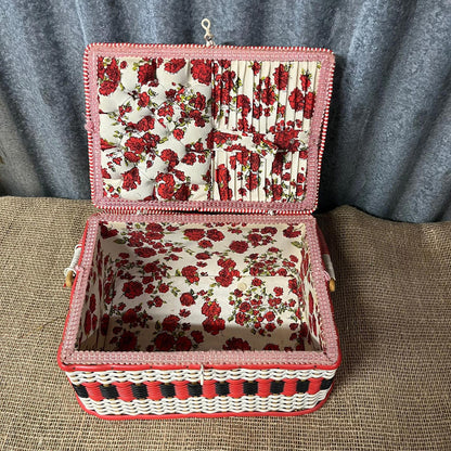 Vintage Sewing Basket Cream Red & Black Rose Fabric Lined With Handle
