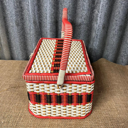 Vintage Sewing Basket Cream Red & Black Rose Fabric Lined With Handle