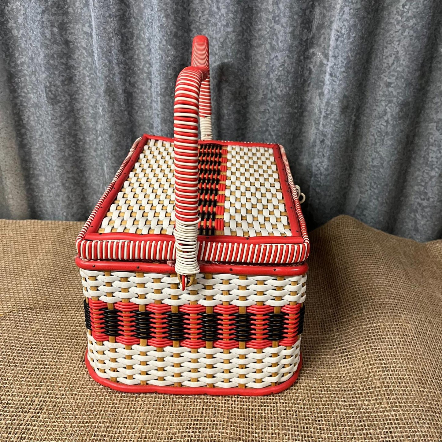 Vintage Sewing Basket Cream Red & Black Rose Fabric Lined With Handle