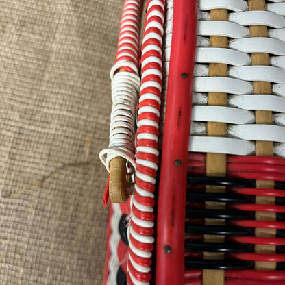 Vintage Sewing Basket Cream Red & Black Rose Fabric Lined With Handle