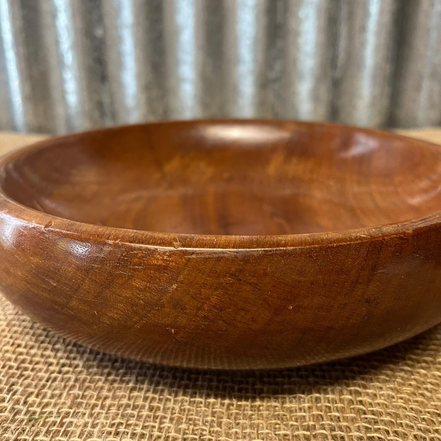Vintage Dark Wooden Low Round Dish Fruit Bowl Varnished