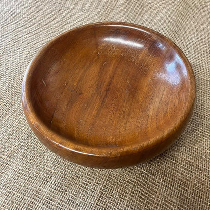 Vintage Dark Wooden Low Round Dish Fruit Bowl Varnished
