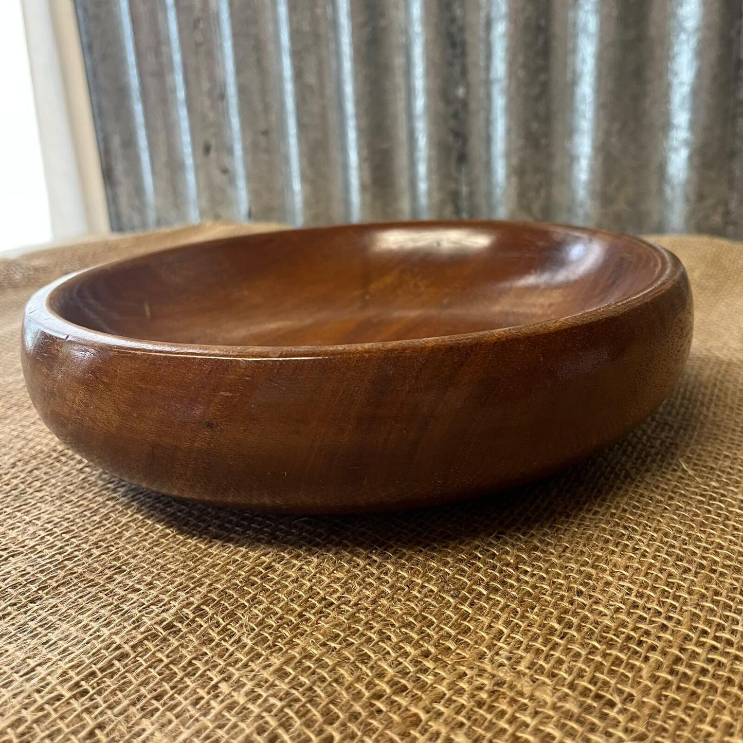 Vintage Dark Wooden Low Round Dish Fruit Bowl Varnished