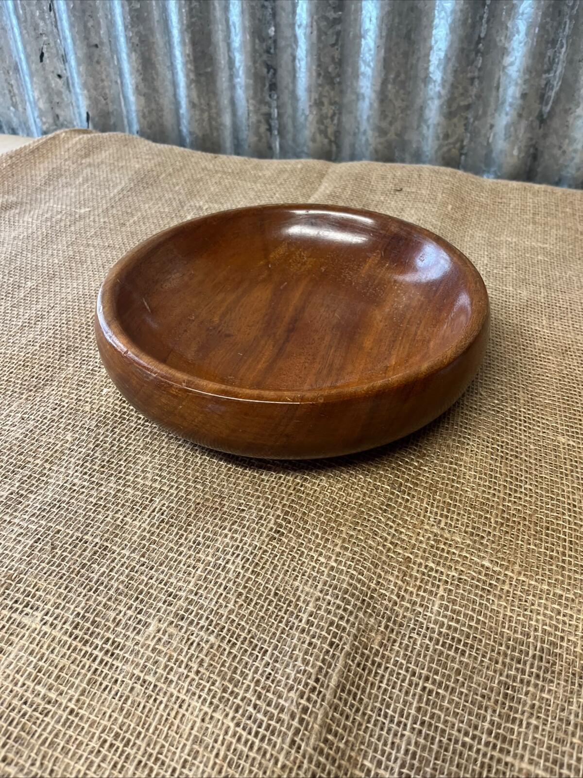 Vintage Dark Wooden Low Round Dish Fruit Bowl Varnished