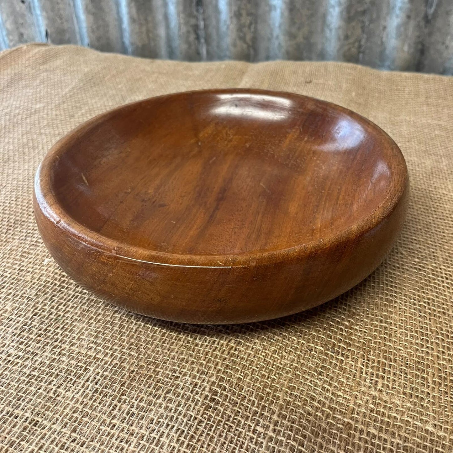 Vintage Dark Wooden Low Round Dish Fruit Bowl Varnished