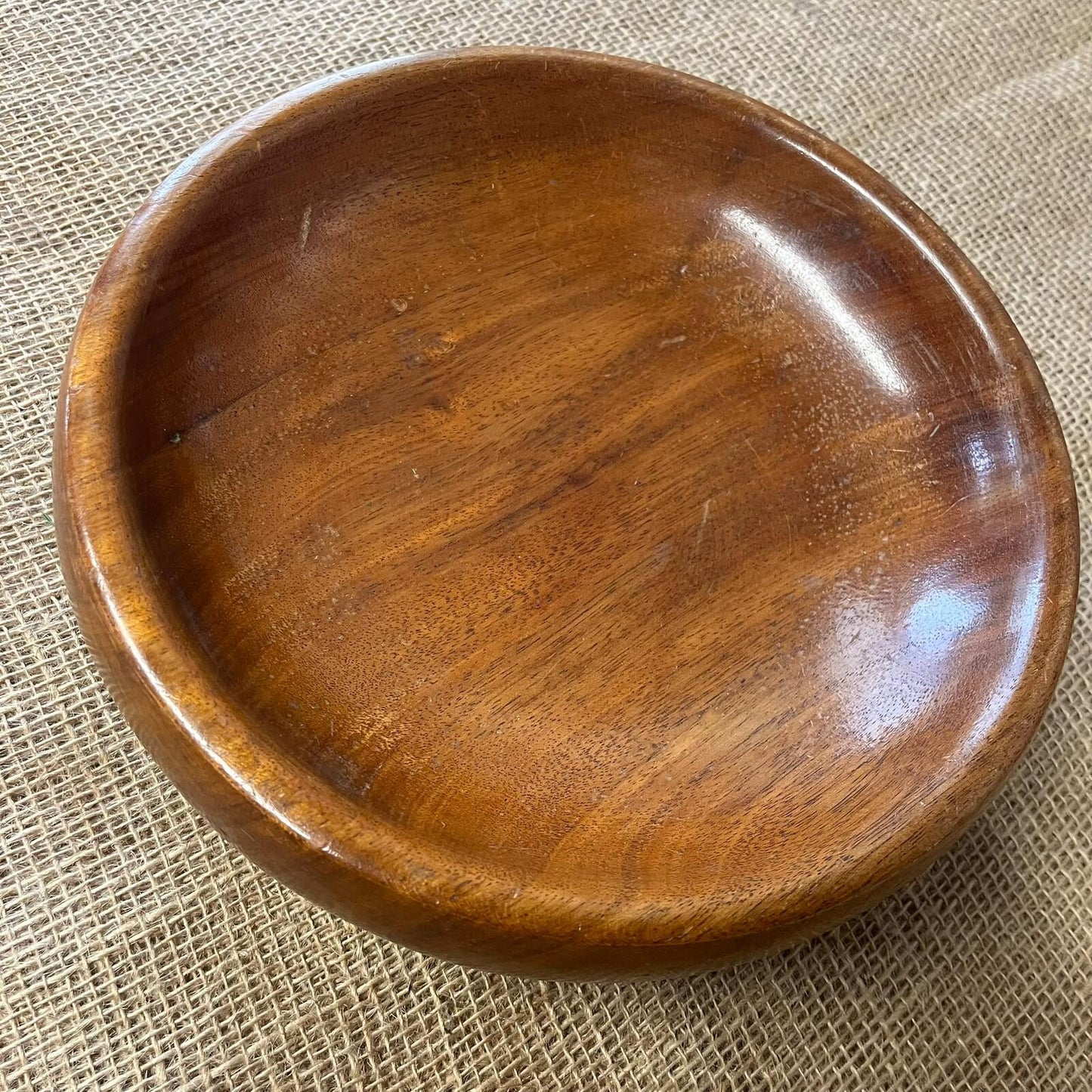 Vintage Dark Wooden Low Round Dish Fruit Bowl Varnished