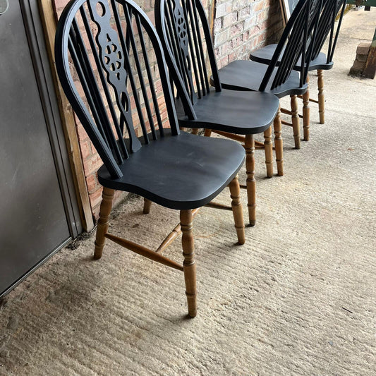 4 Wheelback Wooden Dining Chairs Tops Painted Black Rustic