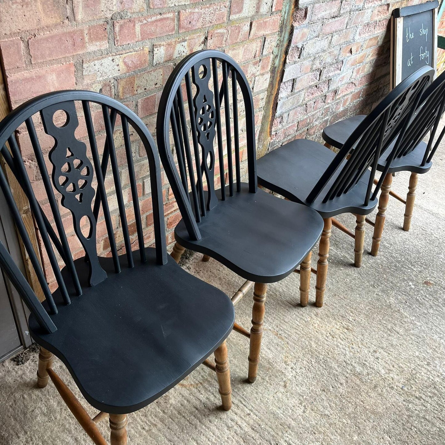 4 Wheelback Wooden Dining Chairs Tops Painted Black Rustic