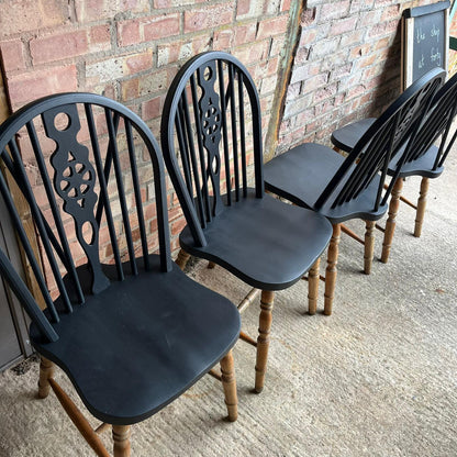 4 Wheelback Wooden Dining Chairs Tops Painted Black Rustic