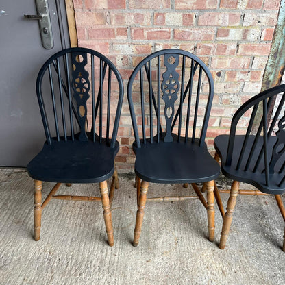 4 Wheelback Wooden Dining Chairs Tops Painted Black Rustic