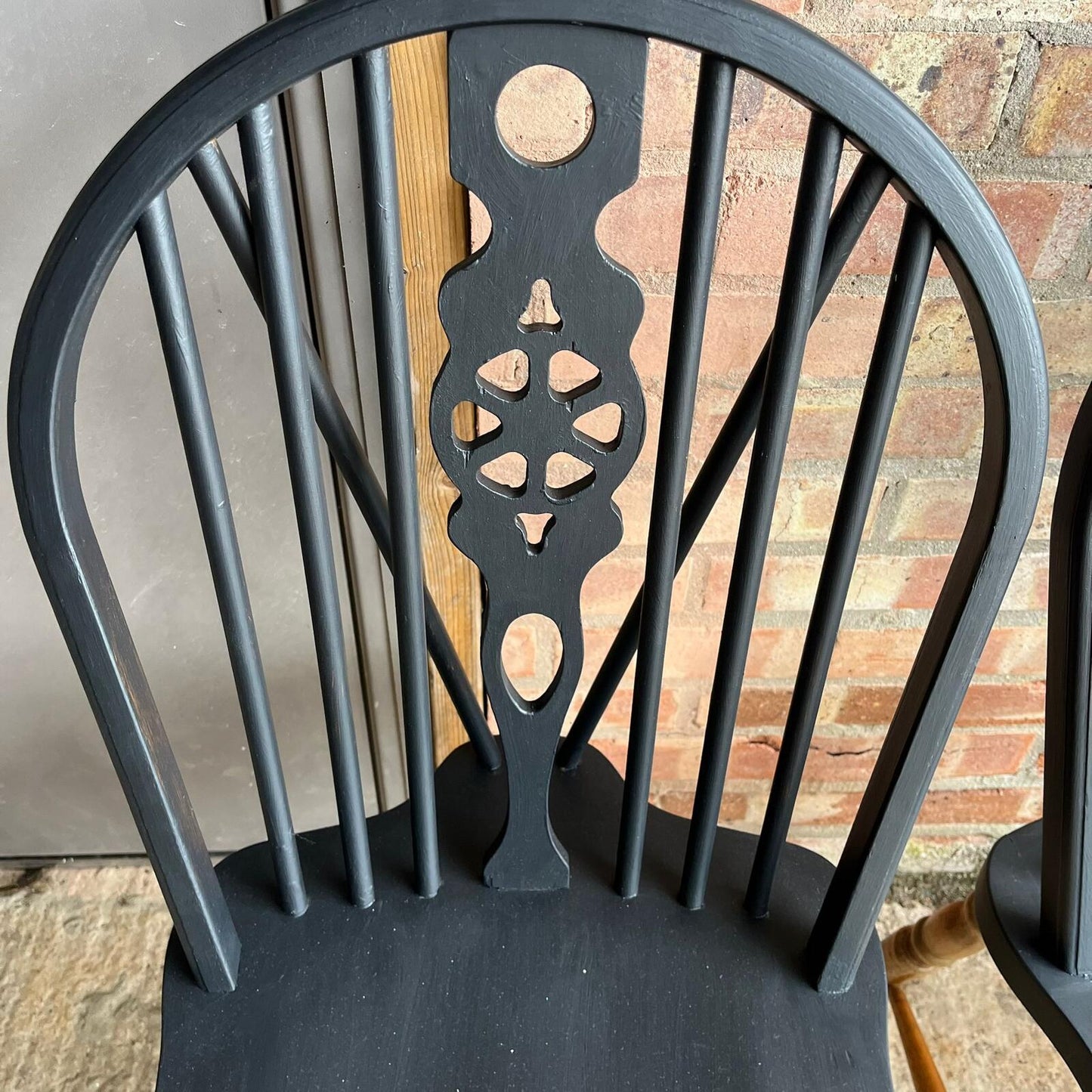 4 Wheelback Wooden Dining Chairs Tops Painted Black Rustic