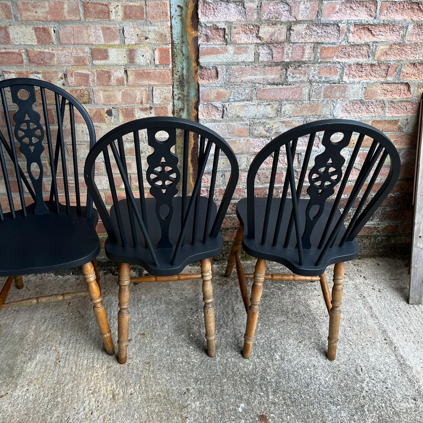 4 Wheelback Wooden Dining Chairs Tops Painted Black Rustic