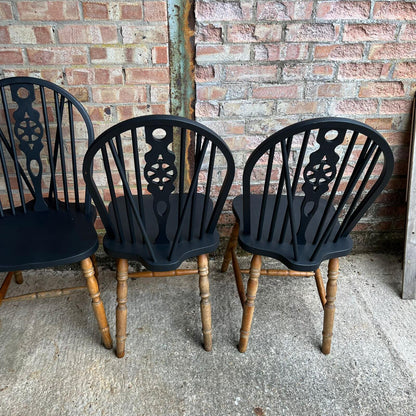 4 Wheelback Wooden Dining Chairs Tops Painted Black Rustic