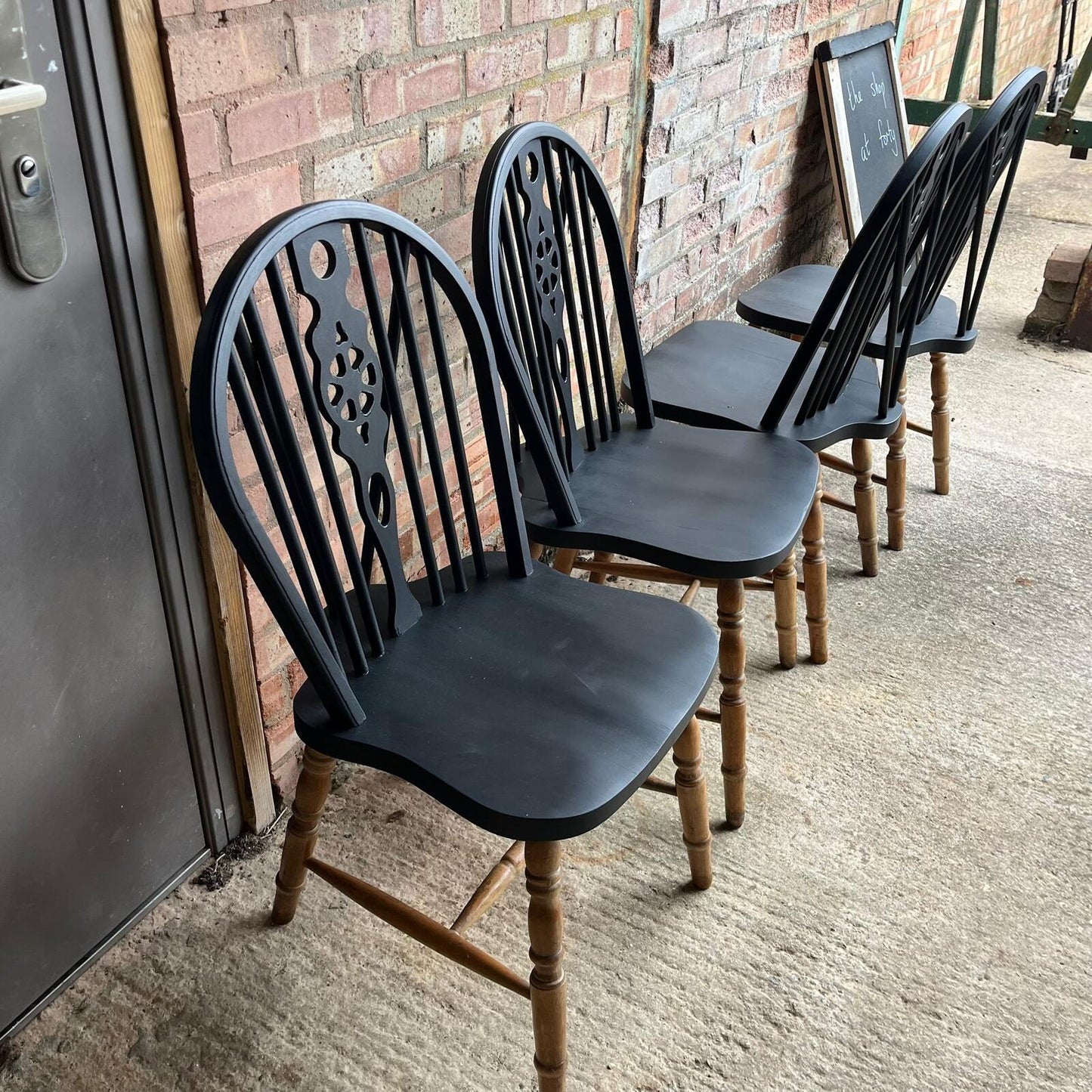 4 Wheelback Wooden Dining Chairs Tops Painted Black Rustic