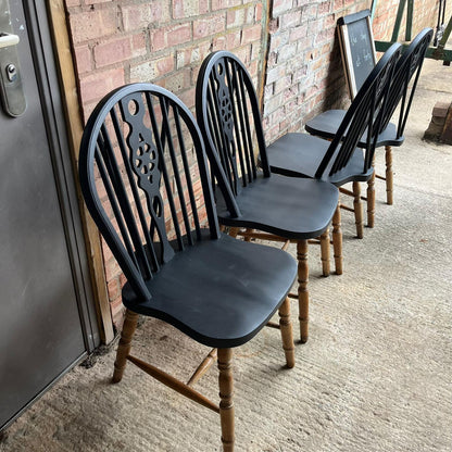 4 Wheelback Wooden Dining Chairs Tops Painted Black Rustic