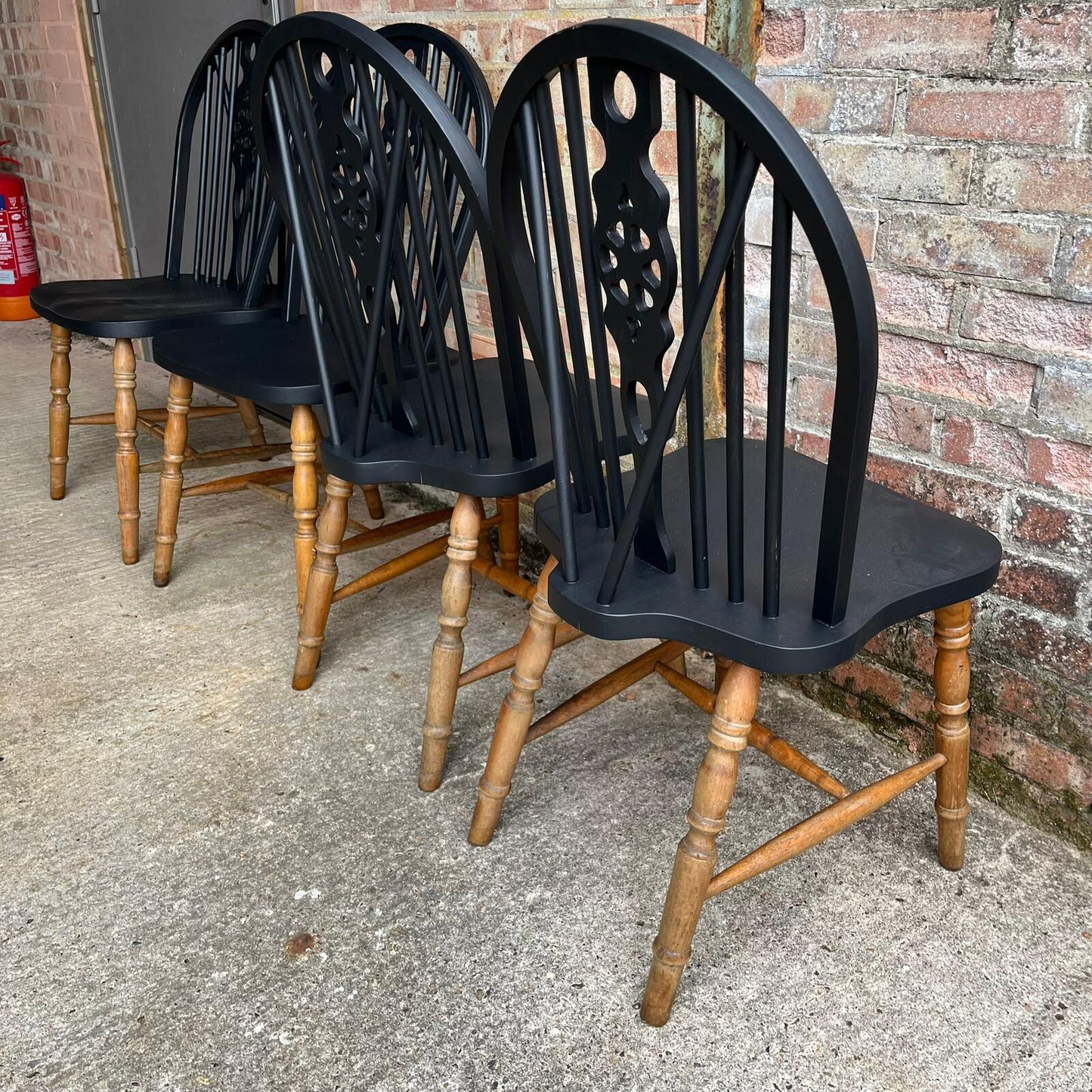 4 Wheelback Wooden Dining Chairs Tops Painted Black Rustic
