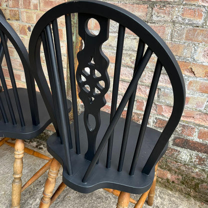 4 Wheelback Wooden Dining Chairs Tops Painted Black Rustic