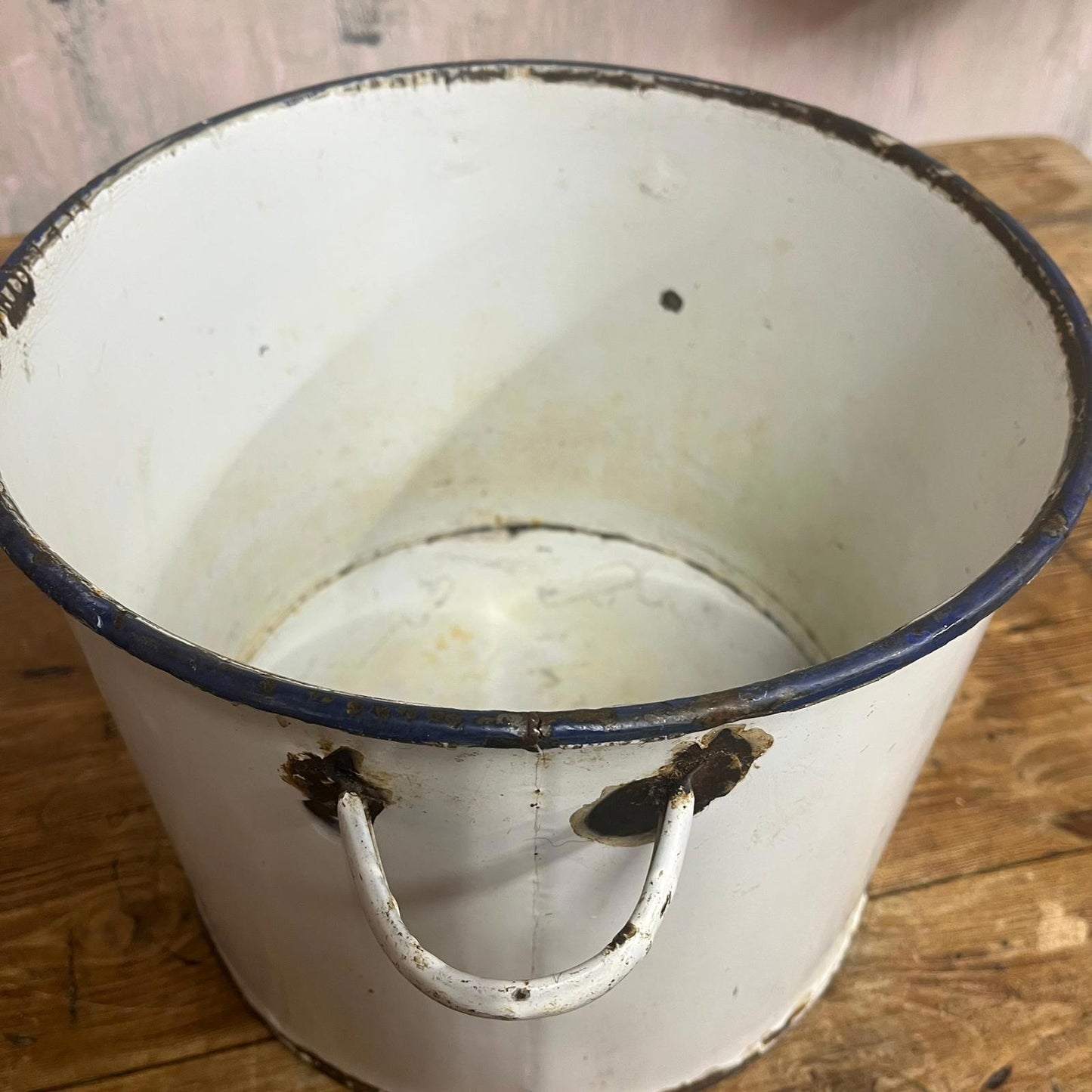 Vintage White Enamel Tin With Handles NO LID Great Patina