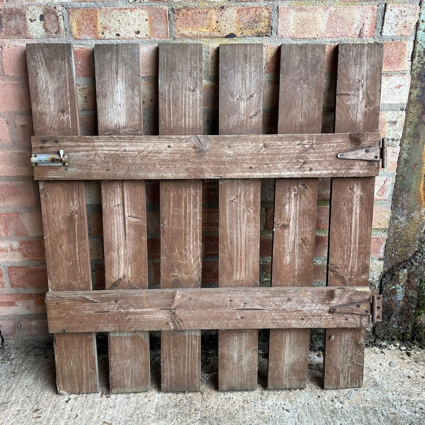 Vintage Wooden Garden Gate With Hinges & Bolt Planks Stained Brown Weathered