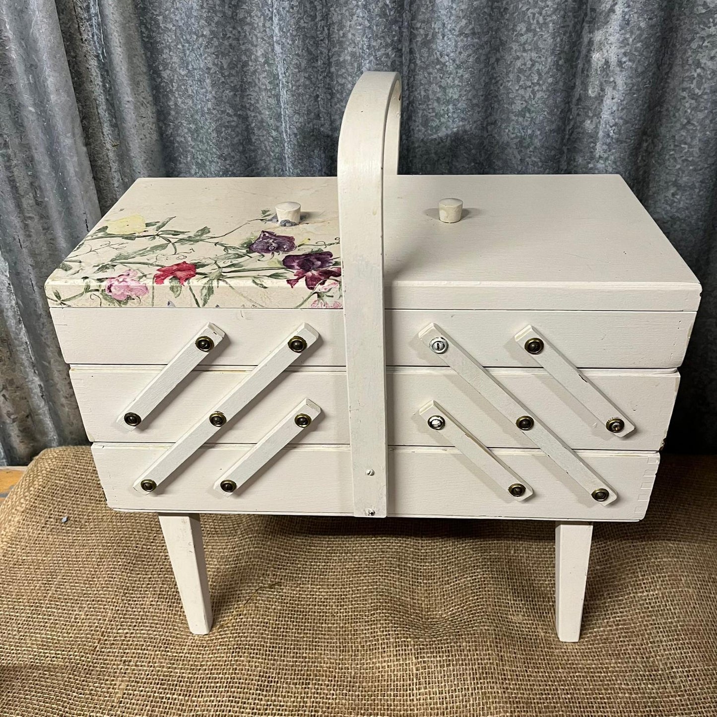 Wooden Painted Sewing Box On Legs Sweet Pea Decoupage