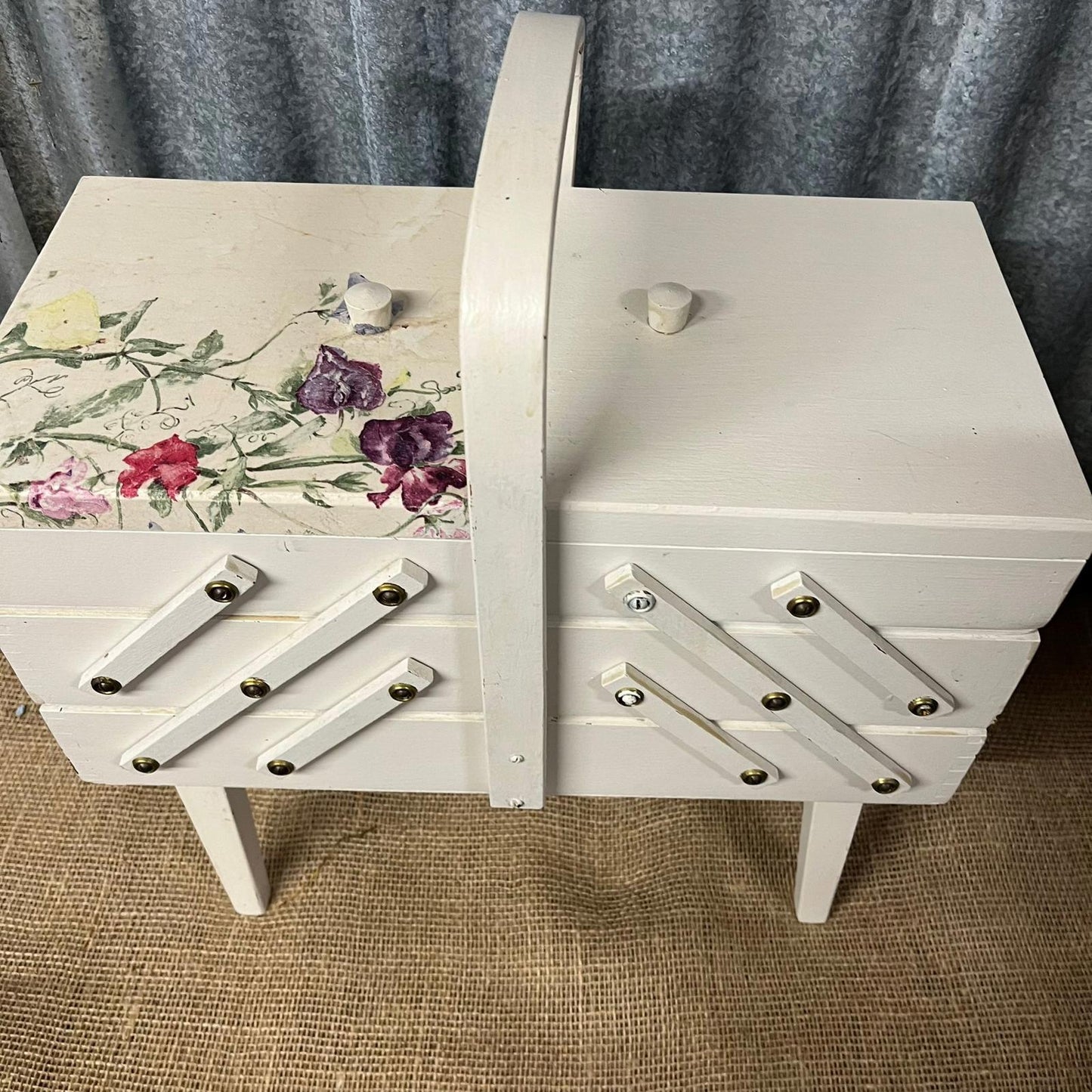Wooden Painted Sewing Box On Legs Sweet Pea Decoupage