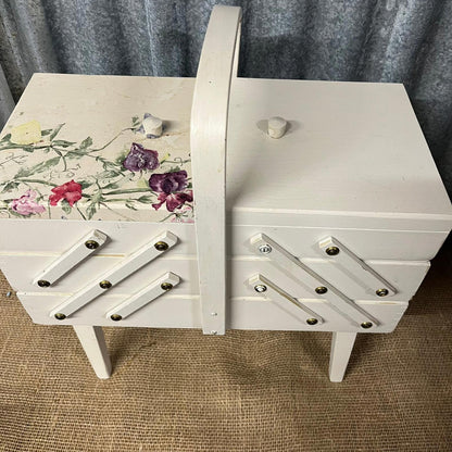 Wooden Painted Sewing Box On Legs Sweet Pea Decoupage