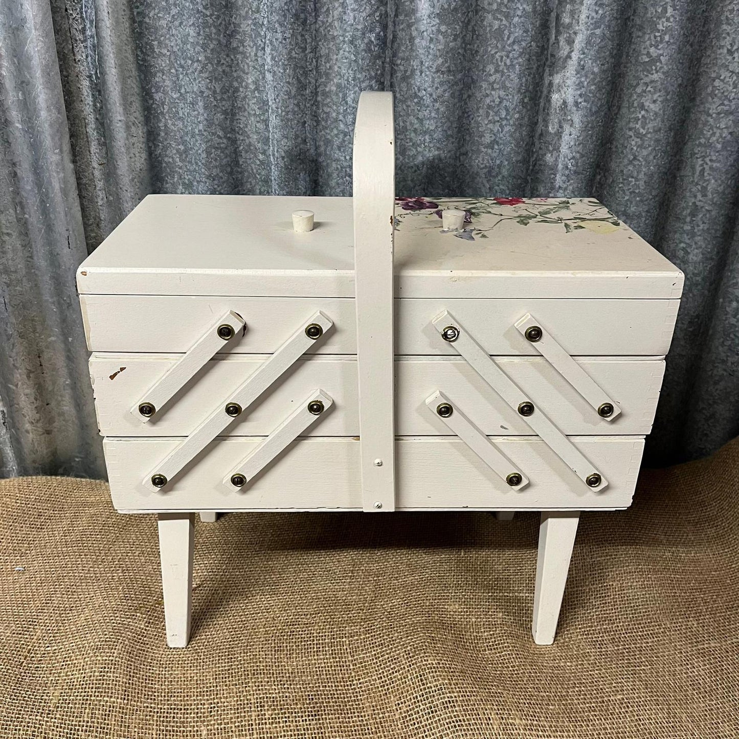 Wooden Painted Sewing Box On Legs Sweet Pea Decoupage