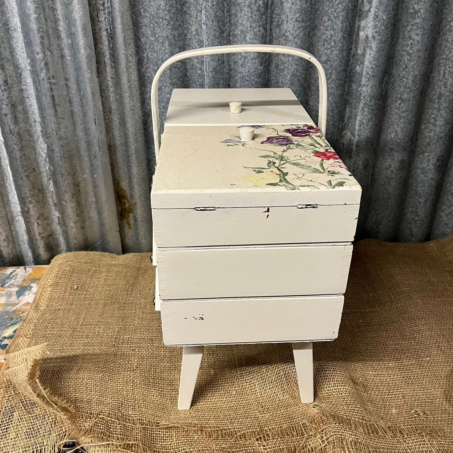 Wooden Painted Sewing Box On Legs Sweet Pea Decoupage