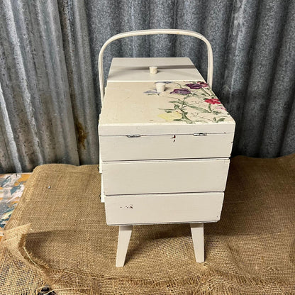 Wooden Painted Sewing Box On Legs Sweet Pea Decoupage