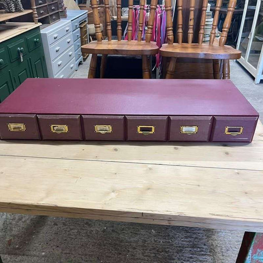 Vintage Run Of 6 Red Filing Drawers Brass Pull Handles Label Holders Patina