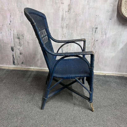 Vintage Lloyd Loom Cane Conservatory Chair Painted Dark Blue High Back Patina