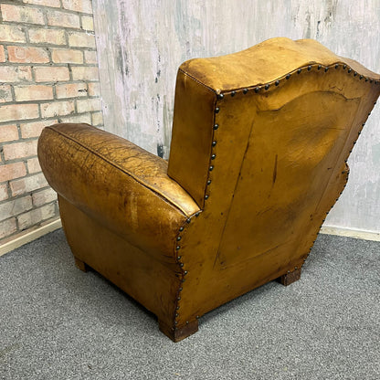 Vintage Rustic Tan Leather Low Armchair Great Patina Studded Back