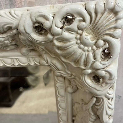 White Ornate Rectangular Framed Mirror Bevelled Edge As Found