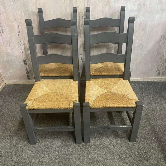 3 Rustic Painted Dining Chairs Rush Seats Shabby Chic Solid