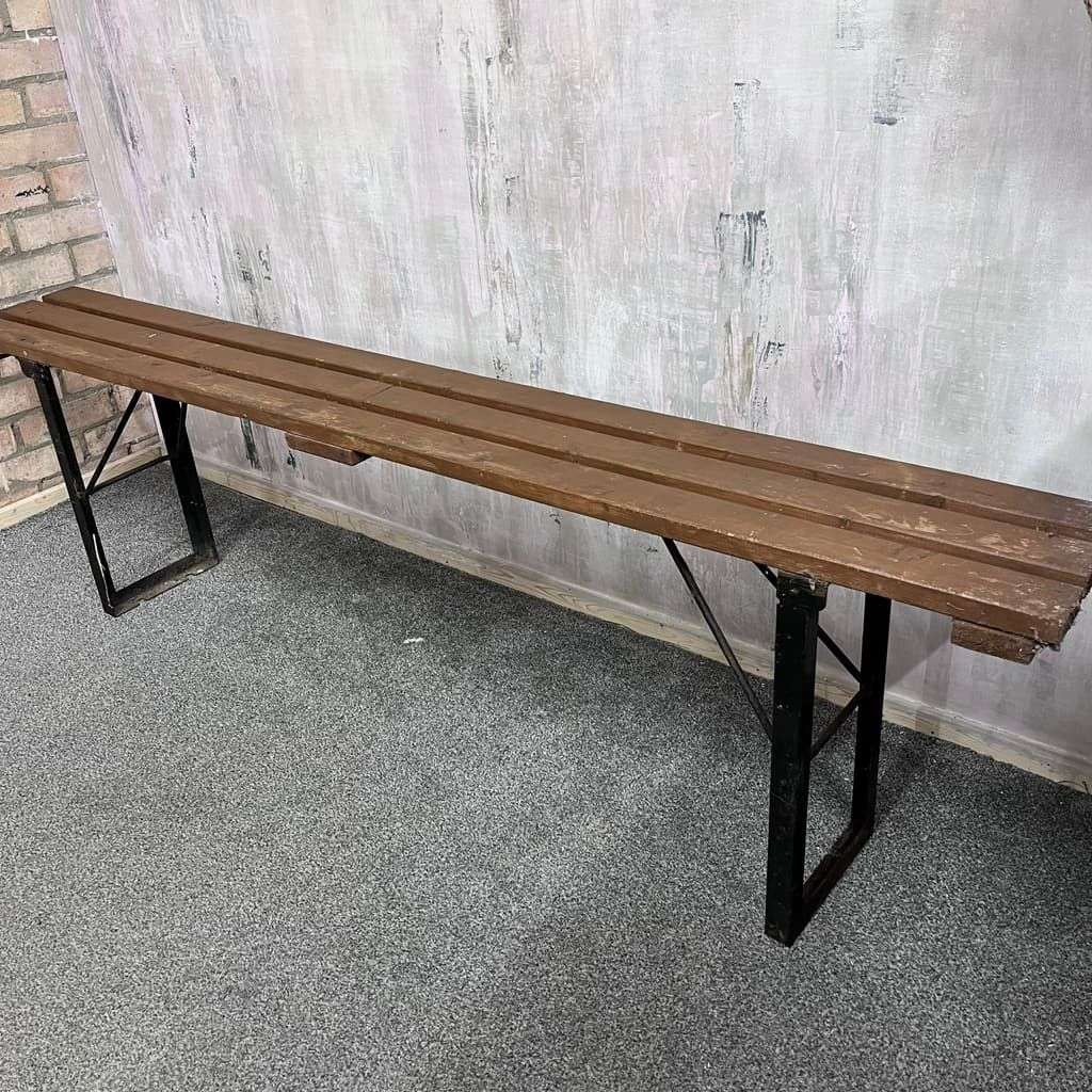 Vintage Folding Trestle Bench Stained Slatted Top Metal Legs Great Patina