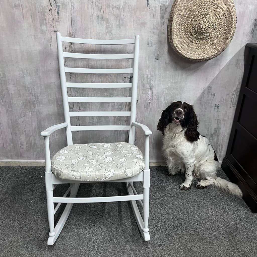 Vintage Wooden Rocking Chair Painted White Upholstered Seat Ladder Back